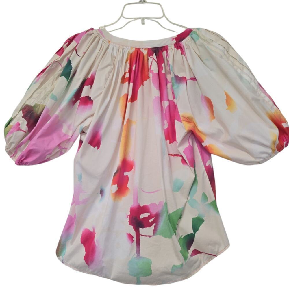 Diane von Furstenberg Keoni Pleated Watercolor Blouse Puff White Pink Size 6 - Picture 2 of 9